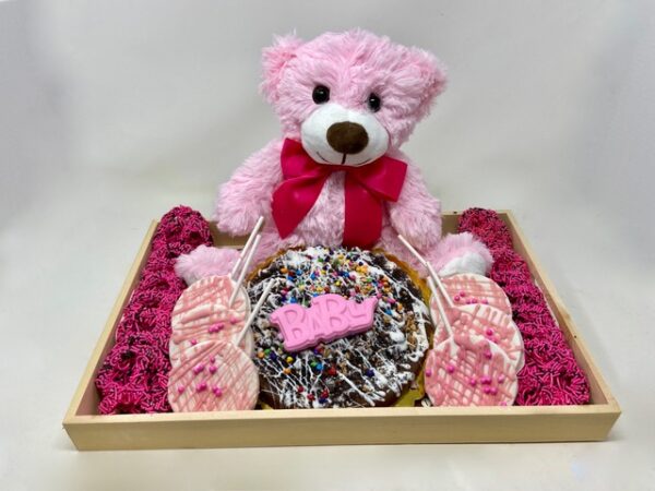 CHOCOLATE PIZZA & BABY GIRL BEAR CENTERPIECE